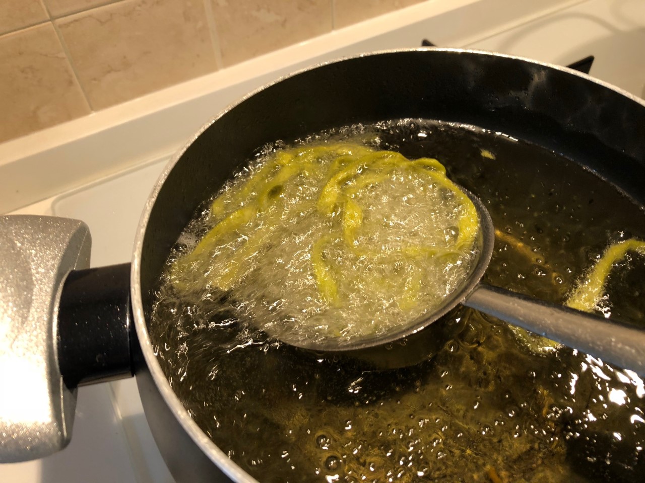 Tagliatelle in frittura - Gamberi in crosta di mandorle