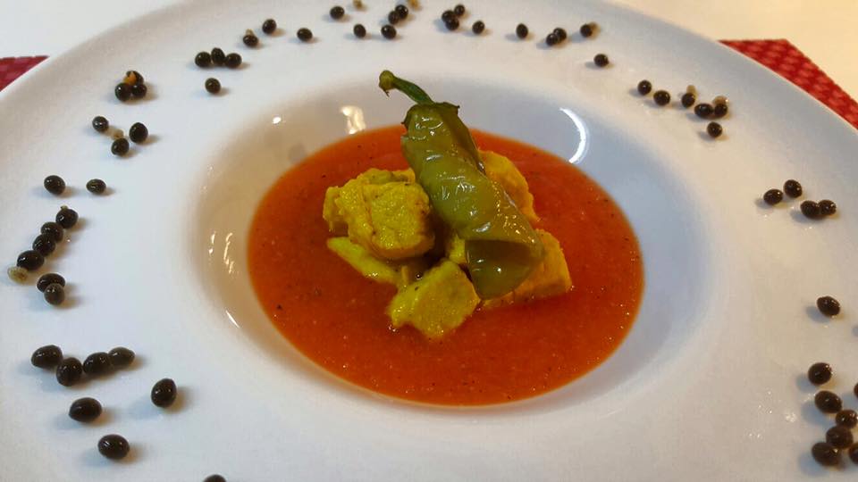 Crema di papaya con tacchino allo zafferano e curcuma e friarielli